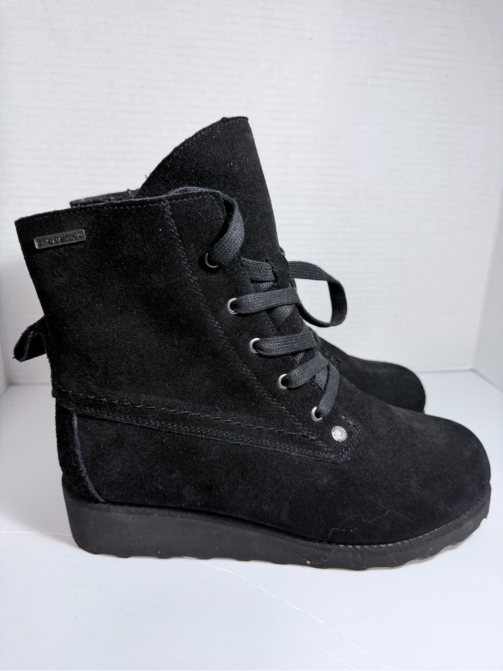Black Suede Lace-Up Wedge Boots